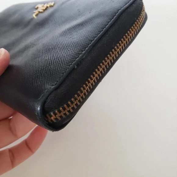Prada Long Wallet Leather Zipper Black Zip Around Italy Continental Logo Clutch - Picture 6 of 13